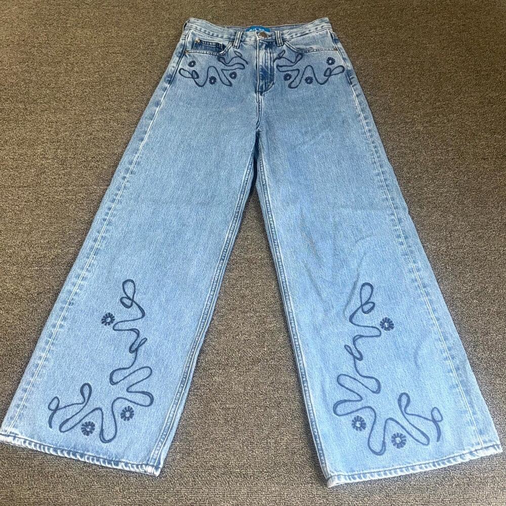 M.i.h Jeans Women 24 Blue Denim Light Wash Embroidered Wide Leg High Rise Boho